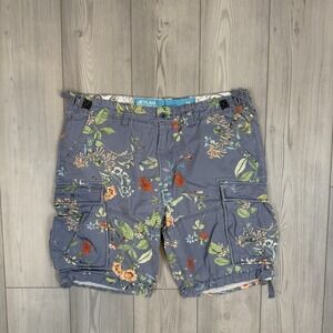 Jet Lag Cargo Shorts 40 Men Blue Floral Drawstring Side Tab Grunge AOP